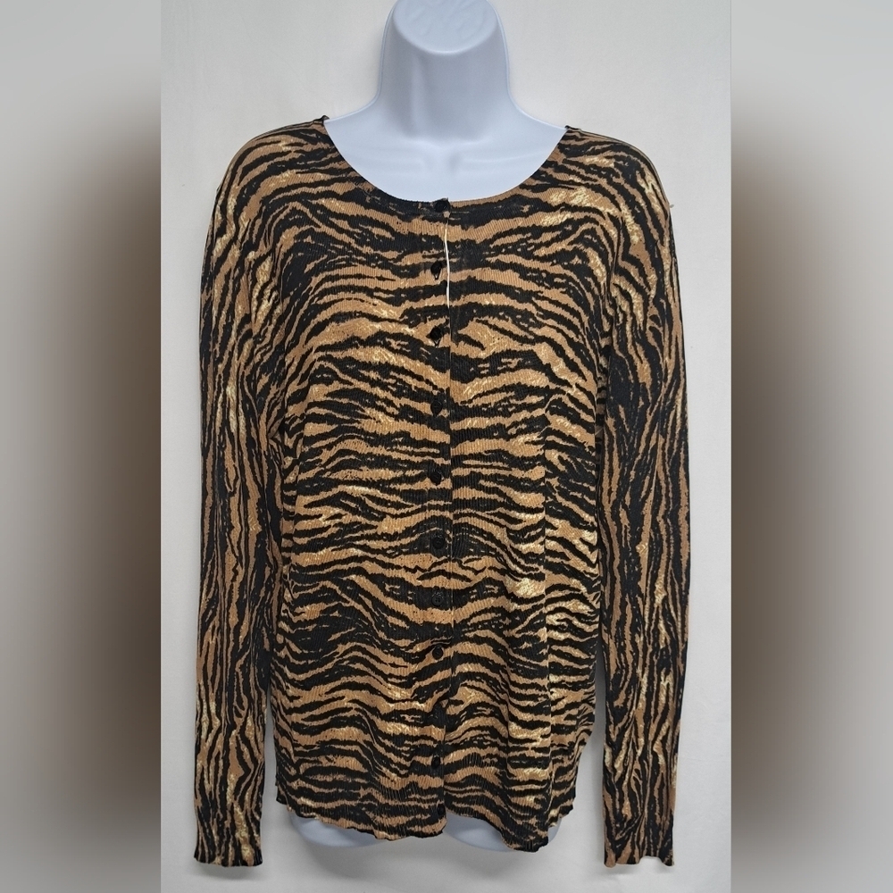 Evie L Cardigan Sweater Long Sleeve Animal Print Button Down Slinky Stretch Knit